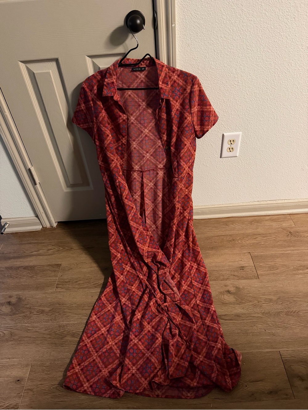 Red Plaid Short-Sleeve Maxi Dress